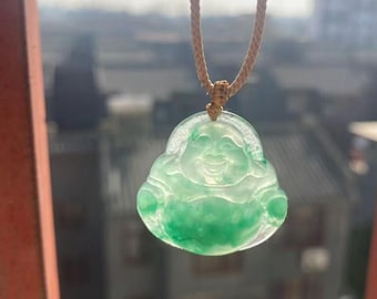Certified Natural Jadeite Hand-Carved Laughing Buddha Pendant Amulet with Rope Necklace, Good Luck Protector