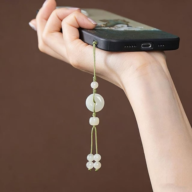 Certified Jade Peace Buckle Phone Chain | Lucky Gemstone Phone Strap | Minimalist Protection Phone Accessory image 2