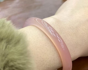 Natural Ice Pink Agate Bracelet – Hand-Carved Semi-Translucent Bangle with Soft Rose Hue