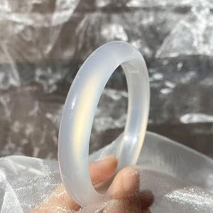 Handmade Ice-Transparent White Agate Bangle – 8mm Minimalist Stone Bracelet, Natural Moonlight Glow,