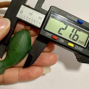 Puede incluir: Un colgante verde con forma de delf&iacute;n se mide con un calibrador digital. El calibrador muestra una medida de 21,6 mm. El colgante est&aacute; sujeto por una mano.