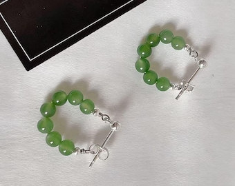 Natural green jade earrings | S925 silver needle simple round bead string earrings | European light luxury high-end women's jewelry