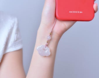 Abalorio de cuarzo rosa para teléfono hecho a mano - Correa de muñeca con piedras preciosas energéticas - Accesorio de cristal curativo para mujer - Colgante único para teléfono