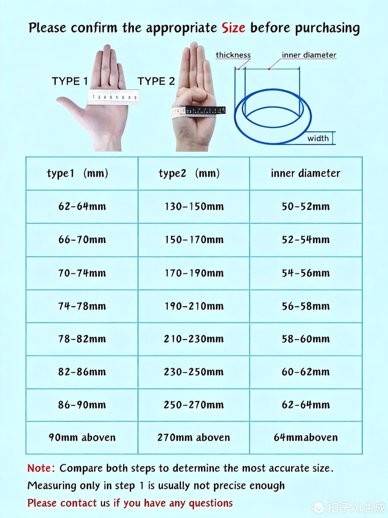 May include: A blue and white chart with text that reads "Please confirm the appropriate Size before purchasing." The chart includes measurements in millimeters for type 1, type 2, and inner diameter. The chart also includes the text "Note: Compare both steps to determine the most accurate size."