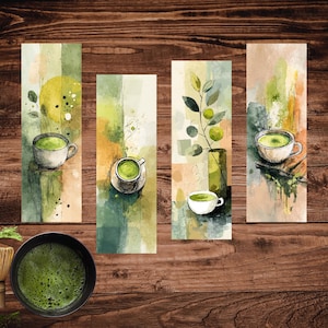 Japandi Matcha Green Tea Bookmarks, Set of 4 Printable Zen Designs, Minimalist Japanese Aesthetic Gift, Digital Download