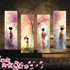 Japandi Kimono Lady Sakura Bookmarks Set of 4, Minimalist Cherry Blossom Petals Falling, Aesthetic Japanese Zen Art