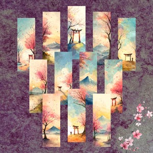 以下が含まれることがあります： 日本の風景を描いた水彩画のブックマークのコレクション。各ブックマークは、桜の木、山、伝統的な鳥居があるさまざまなシーンを示しています。カラーパレットには、ピンク、青、オレンジの色合いが含まれています。