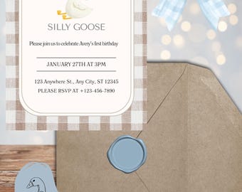 One Silly Goose First Birthday Invitation- Editable Canva Template