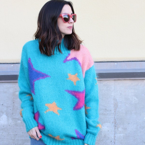 vintage star fuzzy colorful pullover sweater