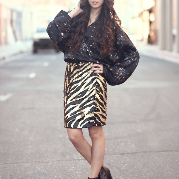 Black Gold Animal Print Sequin High Waisted Silk Skirt - Lola Woah