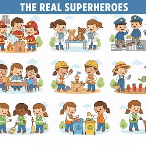 Puede incluir: Ilustración colorida con el texto «THE REAL SUPERHEROES». La imagen representa varias profesiones, incluyendo bomberos, médicos, policías, trabajadores de la construcción y agricultores, en un estilo de dibujos animados.