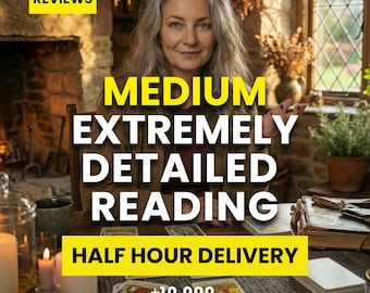 May include: A woman with gray hair sits at a table with tarot cards, candles, and books. Text on the image reads "MEDIUM EXTREMELY DETAILED READING" and "HALF HOUR DELIVERY". A yellow banner displays "5.0 REVIEWS".