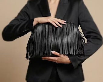 Handmade Genuine Leather Tassel Clutch – Cloud Shaped Statement Bag, Boho Evening & Party Purse.