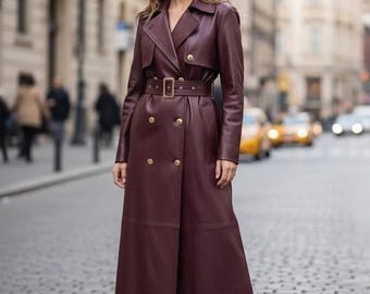 Burgundy Leather Trench Coat: Women's Double-Breasted Genuine Leather Outerwear