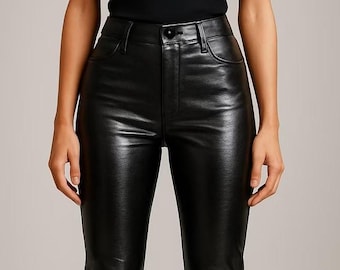 Vintage Style High-Waisted Black Leather Pants | Women's Slim-Fit Genuine Leather Trousers.