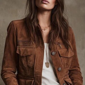May include: A brown suede jacket with multiple pockets and button closures. The jacket has a tailored fit and is worn over a white top and blue jeans. A gold necklace and bracelets add a touch of elegance to the outfit.