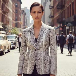 Könnte beinhalten: Eine Person trägt einen Blazer mit Schlangenmuster in Grau- und Weißtönen. Der Blazer hat einen einzelnen Knopfverschluss. Im Hintergrund ist eine Stadtstraße mit Autos und Fußgängern zu sehen.