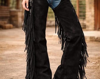 Dominating Black Suede Fringe Cowgirl Chaps | Unmatched Handmade Western Rodeo Statement