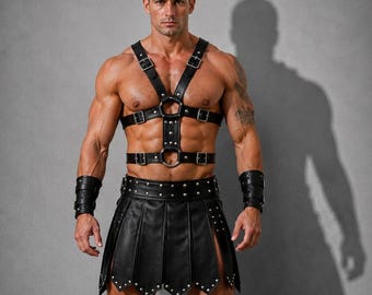 Ręcznie wykonany skórzany kilt gladiatora i uprząż piersiowa – najwyższej jakości regulowany kostium