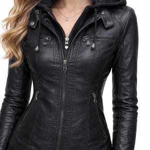 Women’s Black Genuine Lambskin Leather Jacket with Detachable Hood Slim Fit Biker Style