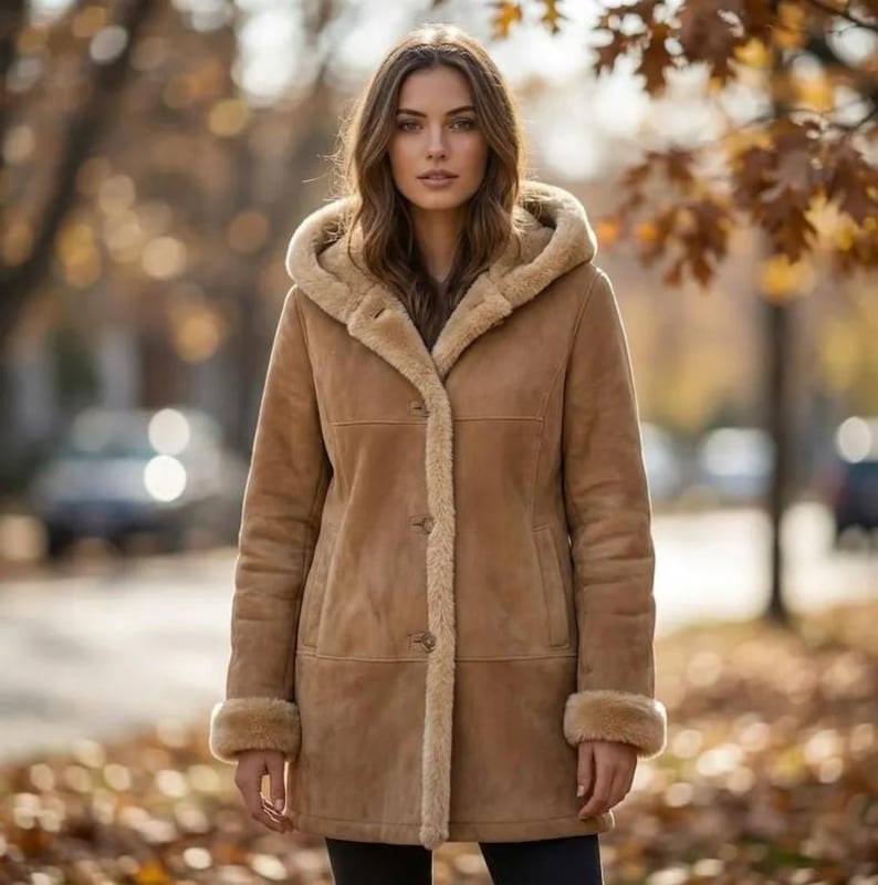 May include: A tan hooded coat with a light brown fur lining and trim. The coat has three buttons down the front and fur cuffs. The person is standing outdoors with autumn leaves in the background.