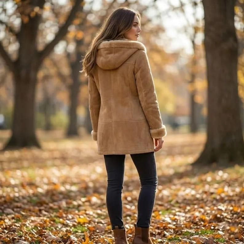 May include: A tan hooded coat with a faux fur lining and trim. The coat is knee-length and worn with dark blue jeans and brown boots. The background is a park with trees and fallen leaves, suggesting an autumn setting.
