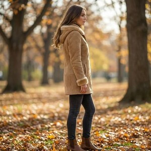 May include: A tan coat with a hood and faux fur lining. The coat is worn with dark denim jeans and brown ankle boots. The background shows a park with trees and autumn leaves on the ground.