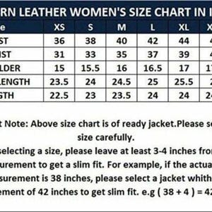 May include: A size chart for western leather jackets, with measurements in inches. The chart includes bust, waist, shoulder, sleeve length, and length measurements for sizes XS to XXXL. Instructions are included for selecting the correct size.