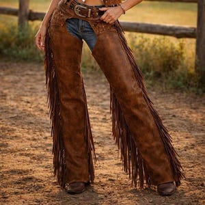 May include: Brown leather chaps with long fringe detailing. The chaps are worn over blue jeans and feature decorative floral embroidery near the belt. A brown leather belt with a silver buckle is also visible.