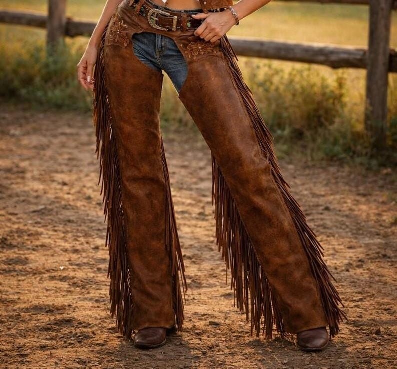 May include: Brown leather chaps with long fringe detailing. The chaps are worn over blue jeans and feature decorative floral embroidery near the belt. A brown leather belt with a silver buckle is also visible.