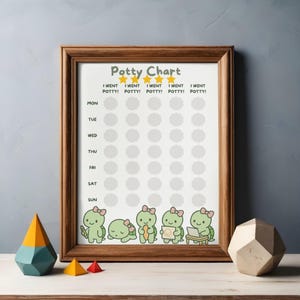 May include: A framed potty chart with a wooden frame. The chart has a white background with the words "Potty Chart" at the top. The chart has a series of circles for each day of the week. Cute cartoon turtles are at the bottom.
