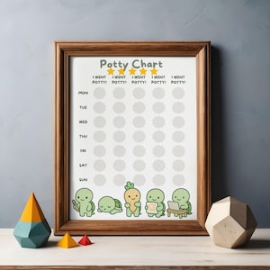 May include: A framed "Potty Chart" with a wooden frame. The chart has a white background with a grid of circles and the days of the week listed on the left. Cute cartoon turtles are at the bottom. The text "Potty Chart" is at the top.