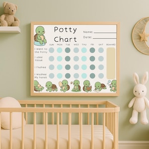 Puede incluir: Un gráfico de orinal enmarcado con un marco de madera clara. El gráfico presenta un gráfico de tortuga y las palabras "Potty Chart". El gráfico tiene espacios para rastrear el uso del orinal, el uso de pañuelos, la descarga y el lavado de manos.