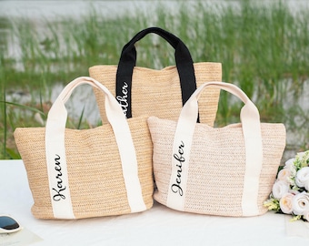 Borsa da spiaggia in paglia personalizzata, borsa tote in iuta personalizzata, regalo per damigella d'onore, borsa per addio al nubilato