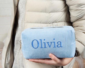 Pochette per cosmetici in velluto a coste personalizzata con ricamo, astuccio da toilette con monogramma, regalo per damigella d'onore.