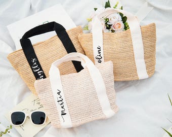 Borsa da spiaggia in paglia personalizzata, regalo per damigella d'onore in iuta, bomboniera da viaggio per matrimonio
