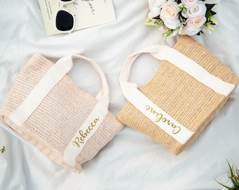 Borsa da spiaggia in paglia personalizzata, borsa in tela di iuta, regalo per damigella d'onore, borsa per la festa di matrimonio