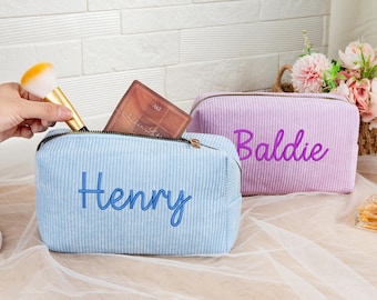 Pochette per il trucco in velluto a coste ricamata, organizer cosmetico personalizzato, regalo per damigella d'onore.