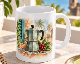 Puerto Rico Coffee Mug, 11 oz Ceramic Cup with Coquí and Greca Art