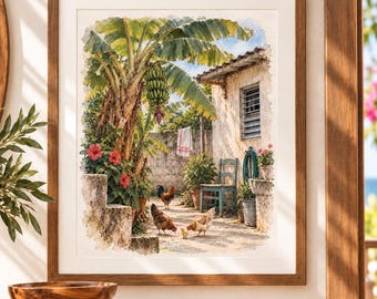 Puerto Rico Wall Art Printable, Mata de Plátano Watercolor, Boricua Home Decor, Tropical Courtyard Art, Digital Download