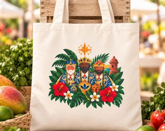 Puerto Rico Three Kings Tote Bag, Cotton Canvas, Tropical Hibiscus Design, 15x16