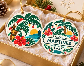 Personalized Puerto Rico Ceramic Ornament, Coquí Family Name, Tropical Christmas Gift 2026