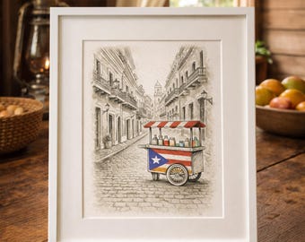 Puerto Rico Piragua Cart Print: Old San Juan Street Sketch (Printable Poster)