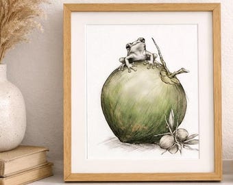 Puerto Rico Coqui Frog Coconut Print, Boho Tropical Wall Art (Digital Download)