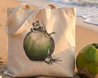 Puerto Rican Coqui Coconut Tote Bag – Hand-Sketched Tropical Nature Illustration