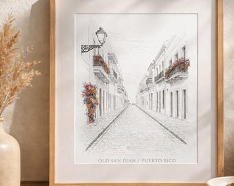 Old San Juan Cobblestone Street Sketch Print, Puerto Rico Architecture Wall Art (Digital Download)