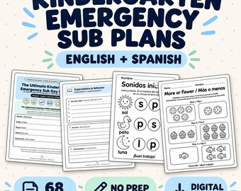 Kindergarten Emergency Sub Plans, Bilingual English Spanish Substitute Binder, 68-Page Printable PDF