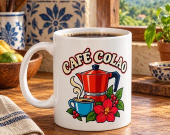 Café Colao Puerto Rican Coffee Mug with Greca, Boricua Gift, 11 oz