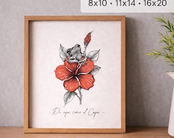 Puerto Rico Coqui Art Print, Hibiscus Flower, Boricua Home Decor (Digital Download)