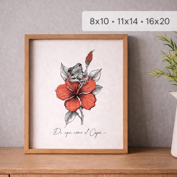 Puerto Rico Coqui Art Print, Hibiscus Flower, Boricua Home Decor (Digital Download)